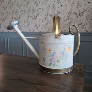 Hand Painted Large Tin Watering Can White Floral Garden Cottage Country 2 Handle